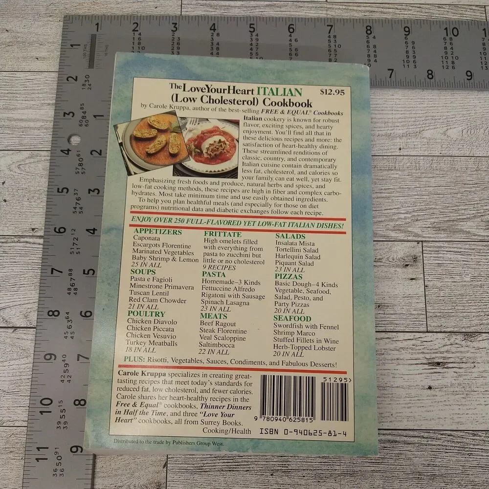 Love Your Heart Italian Low-Cholesterol Cookbook by Carole Kruppa 1994 Softcover